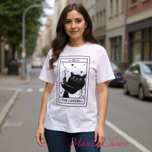 White Tee with Black Cat Tarot Design